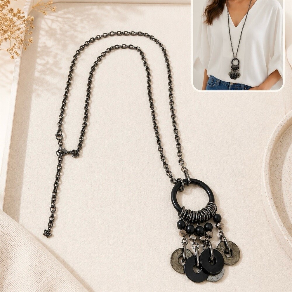 Premier Designs Cha Cha Cha Long Statement Necklace Black Ring Disc vintage